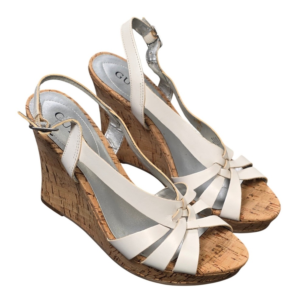 GUESS Wgtavish Platform Wedge Sandals Women's Size 6.5 White Leather Cork Straps